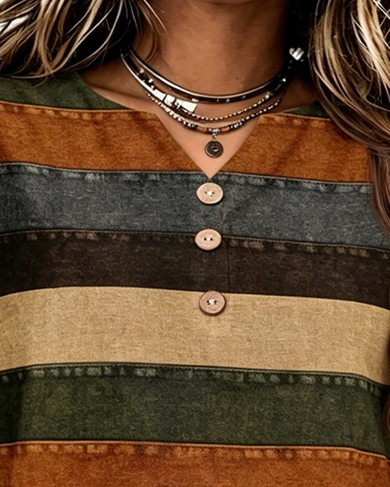 Button Patchwork Horizontal Stripe T-Shirt