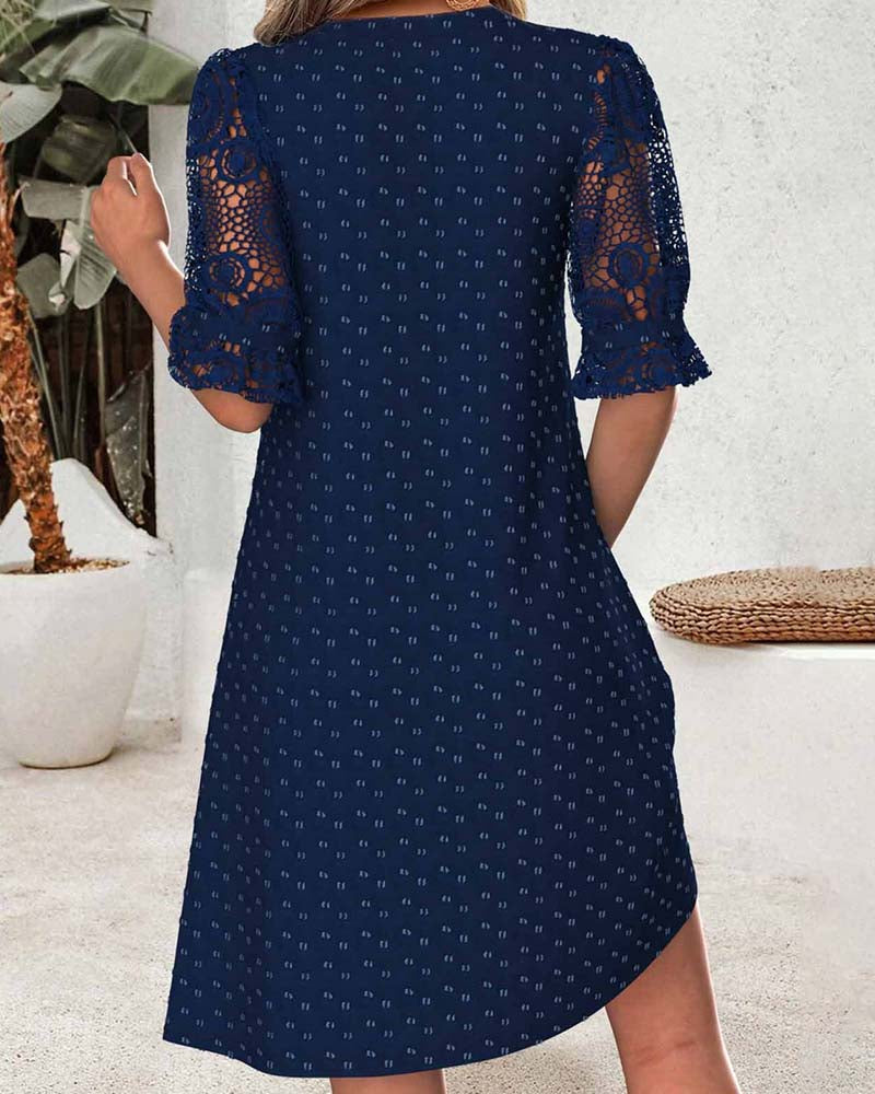 V-Neck Print Lace Patchwork A-Line Dress