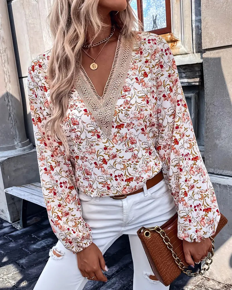 Casual V-Neck Printed Long-Sleeved T-Shirt