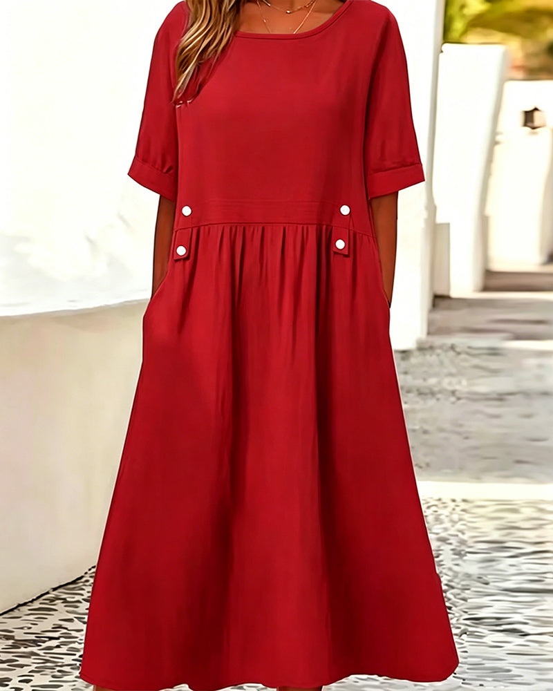 Crew Neck Short Sleeve Solid Color Dress
