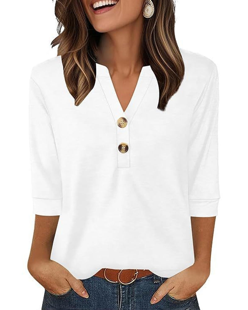 V-Neck Buttoned Three-Quarter Sleeve Blouse