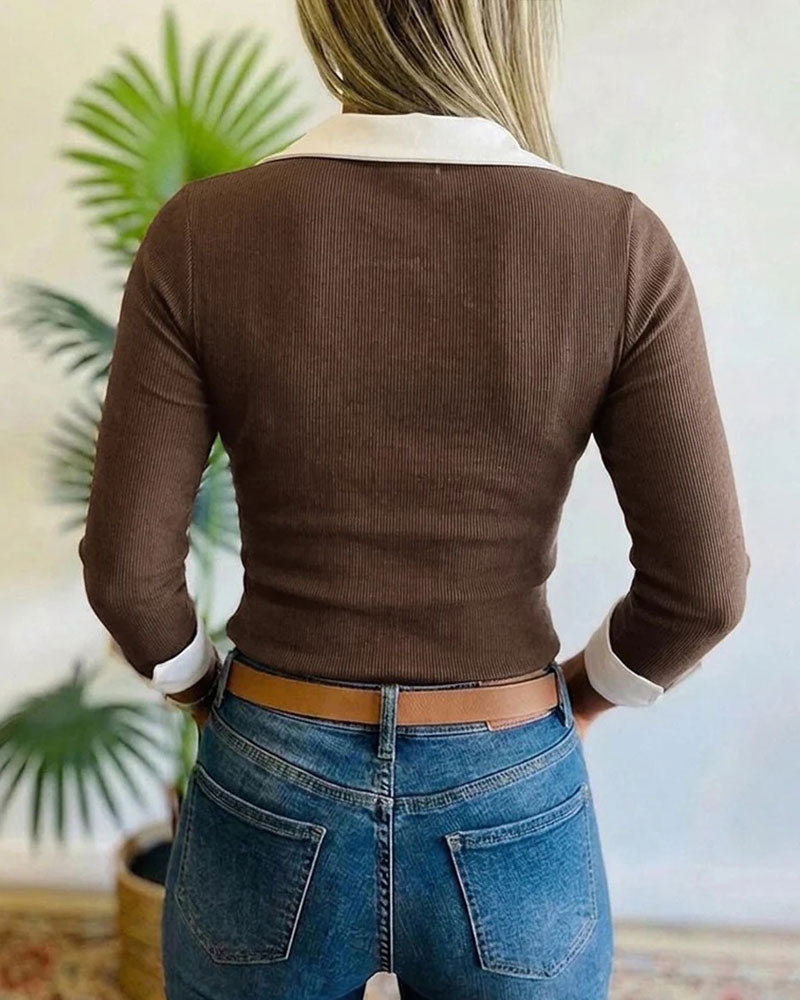 Fake Two Piece Lapel Long Sleeve Top