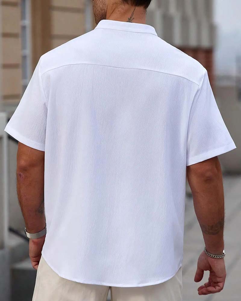 Textured Stand Collar Short Sleeve Shirt