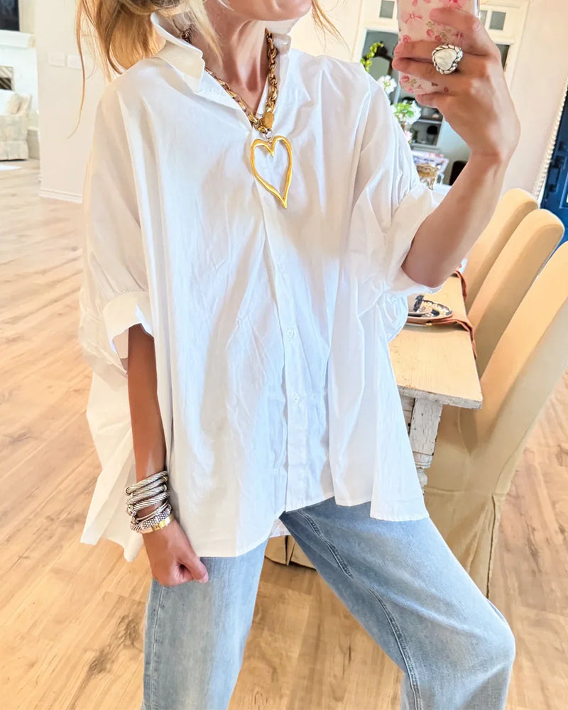 Loose-Fit Drop-Shoulder White Long-Sleeve Blouse