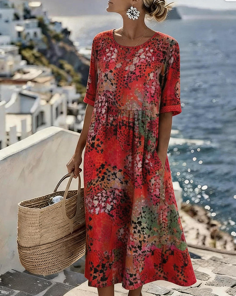 Polka Dot Print Crewneck Long Dress