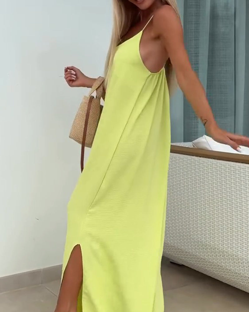 Round Neck Solid Color Suspender Dress