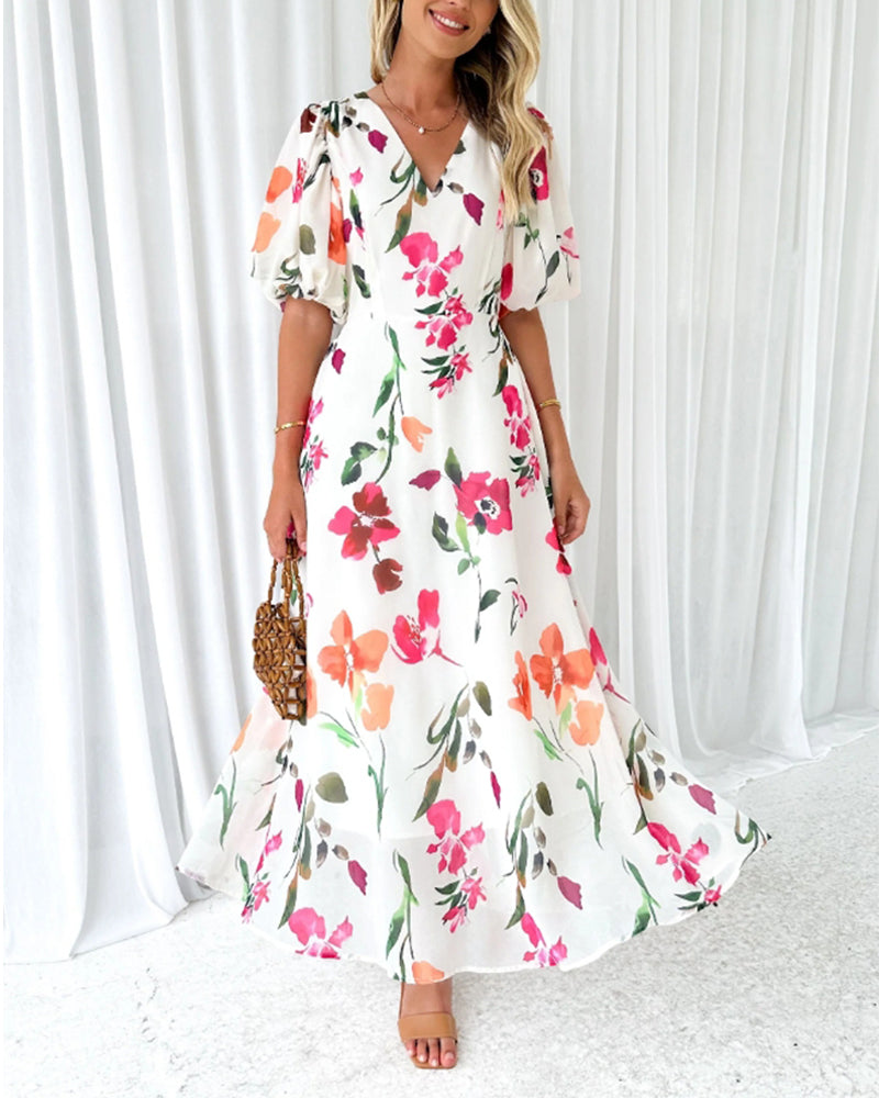 Elegant dress with puff sleeves and floral print