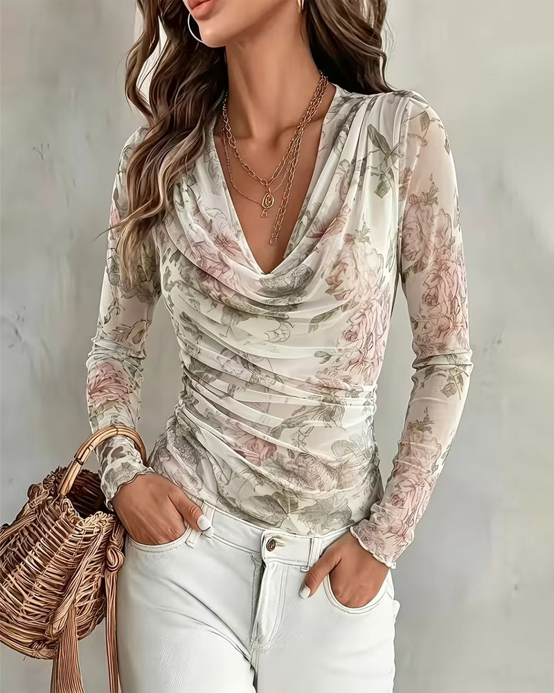 Gathered‑Neck Floral Print Pleated Blouse