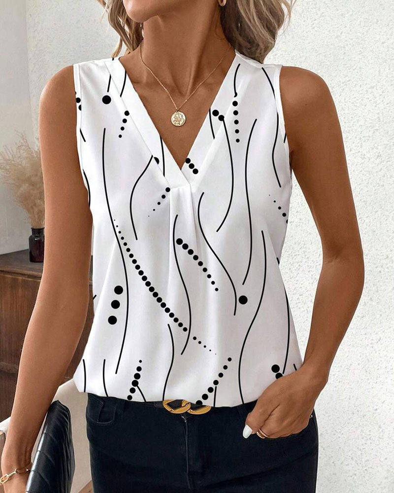 V-Neck Sleeveless Pleated Printed Vest