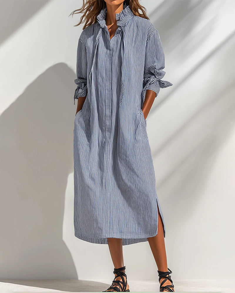 Casual Stand Collar Striped Slit Dress