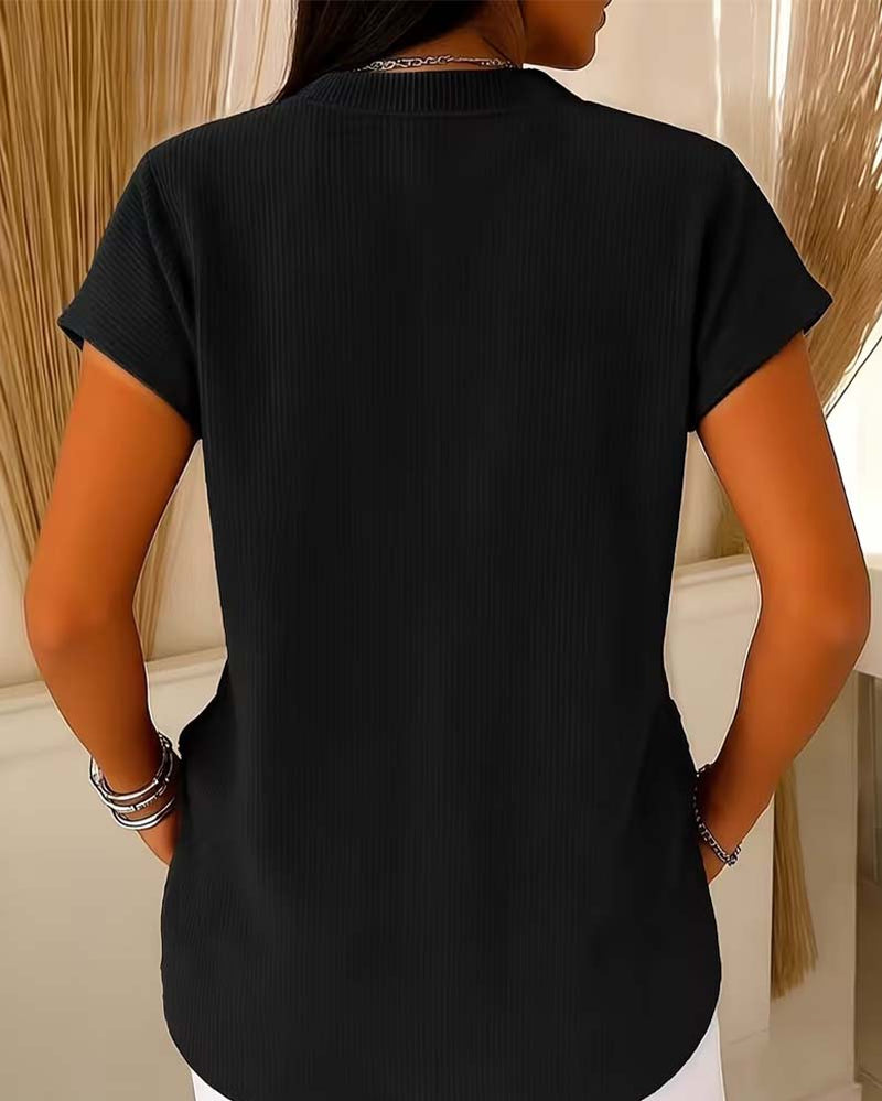 Solid Short Sleeve Zip Blouse