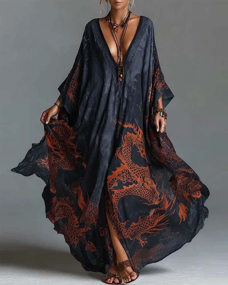 Red Dragon Pattern Bat Sleeve Deep V Dress