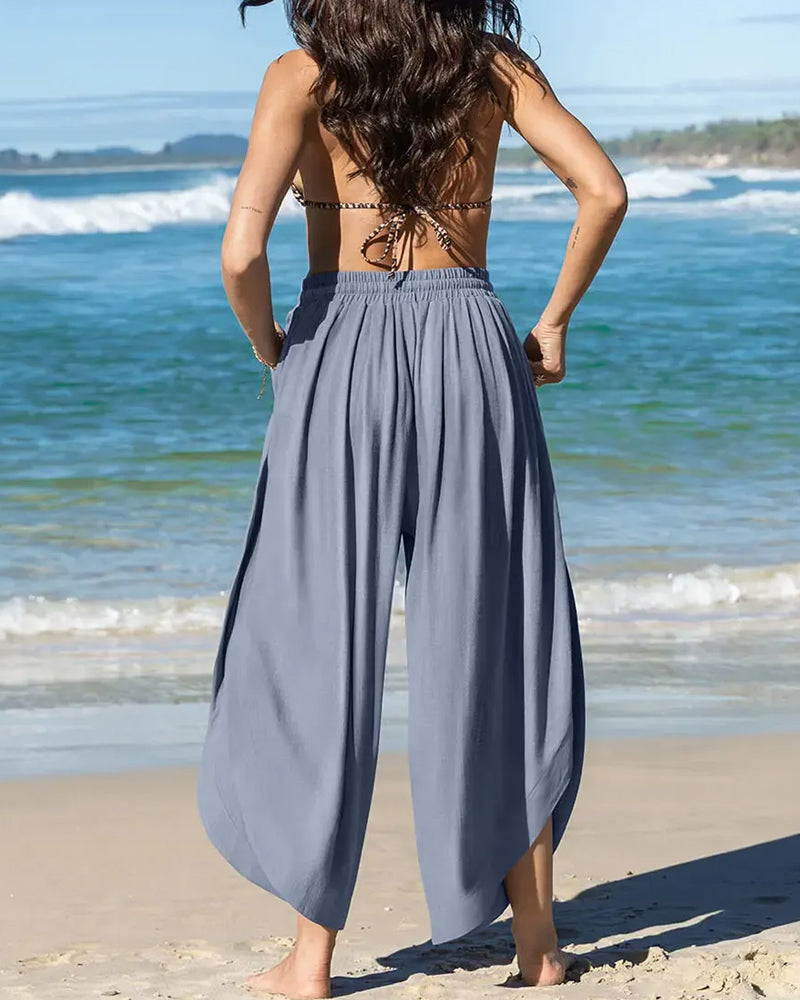Elastic Waist Casual Slit Wide-Leg Pants