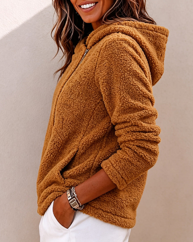 Diagonal Zipper Hooded Solid Color Coat