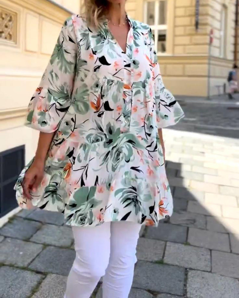 V-neck floral print elegant blouse