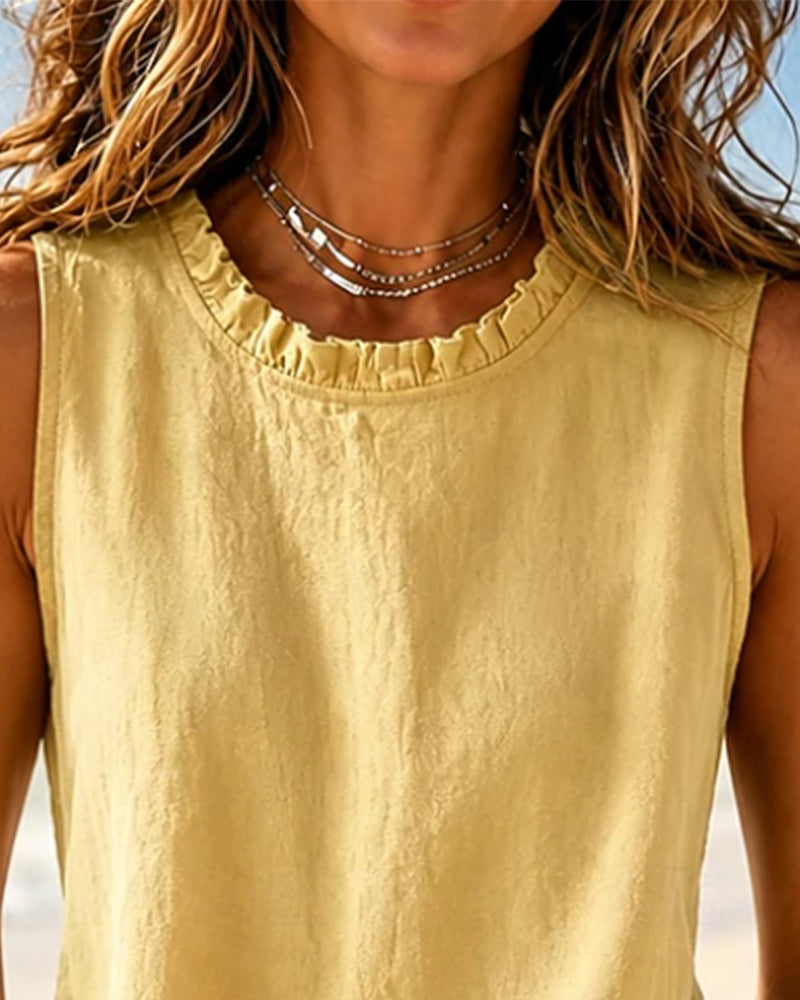 Solid Color Sleeveless Round Neck Lace Tank Top