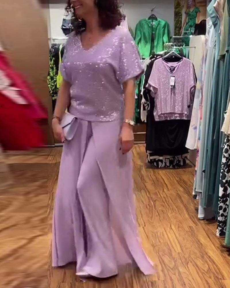 V-neck short-sleeved loose sequined blouse