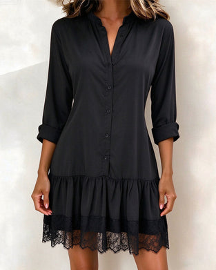 Stand Collar Patchwork Lace Hem Dress