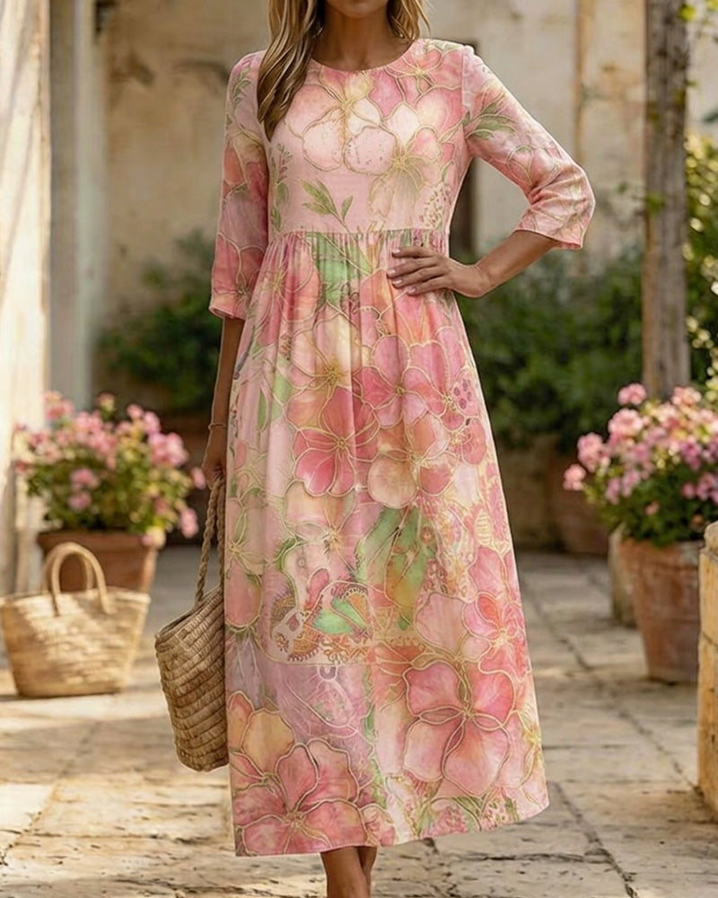 Watercolor Floral Three-Quarter Sleeve Full Skirt Maxi Dress