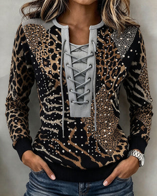 Tie Leopard Patchwork Fitted Sweatshirt