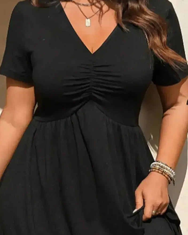 V-Neck Shirred Short Sleeve Flared Dress