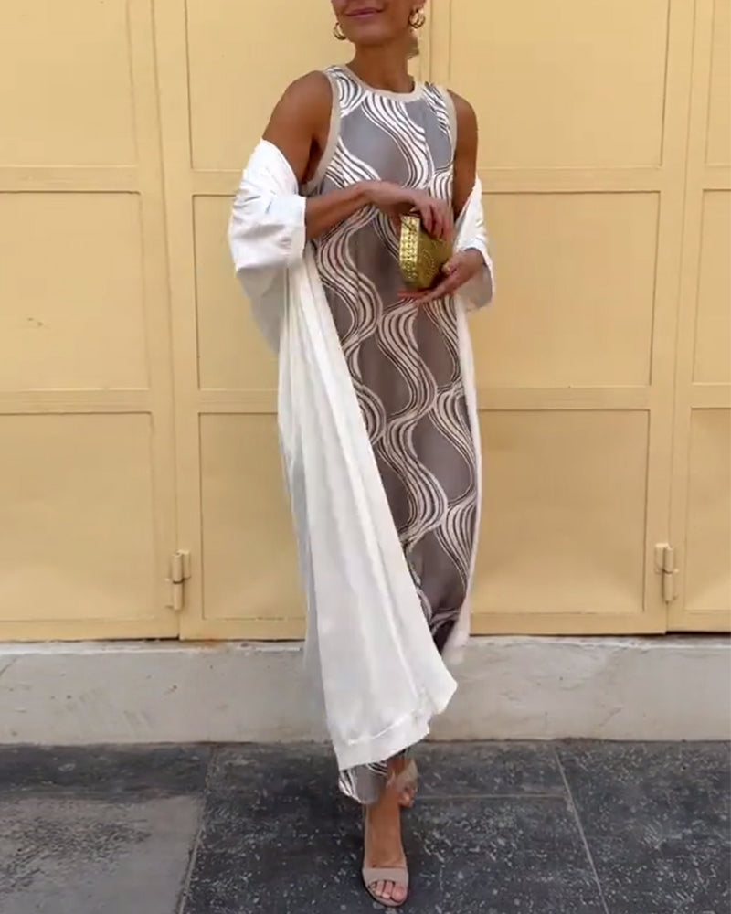 Coat Vest Fashion Print Dress Two Piece Set