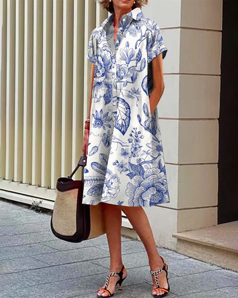 Casual elegant printed dress with lapel pockets