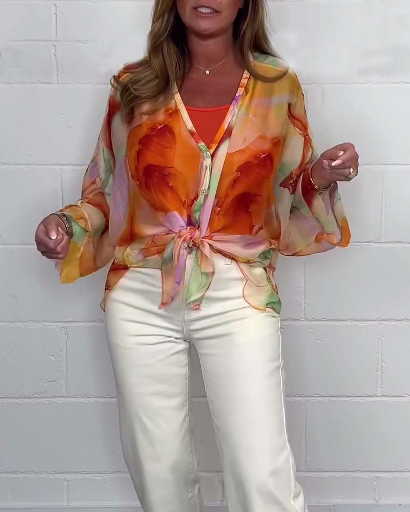 Casual printed V-neck long sleeve blouse