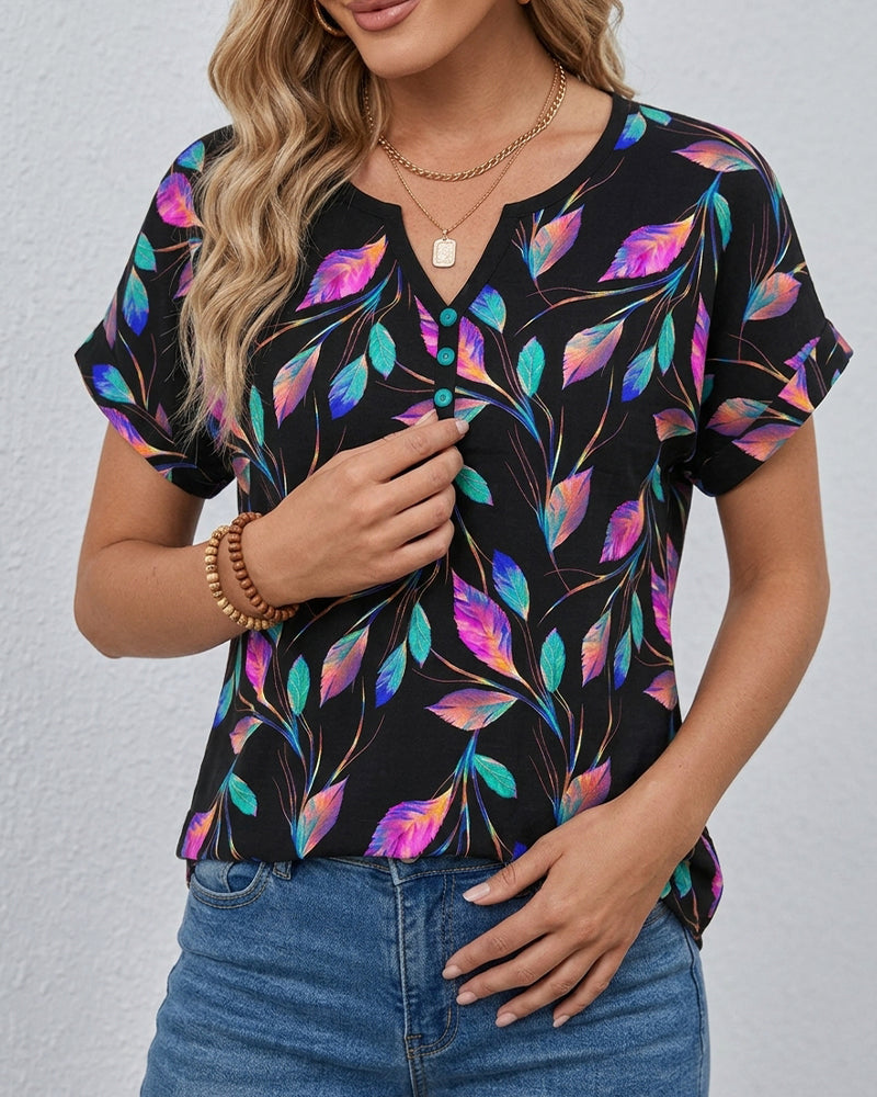 Printed Rolled Cuff V-Neck T-Shirt
