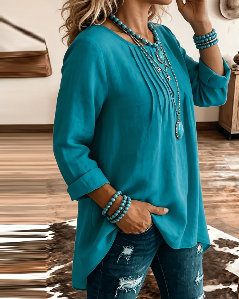 Crew Neck Ruched Loose Solid T-Shirt