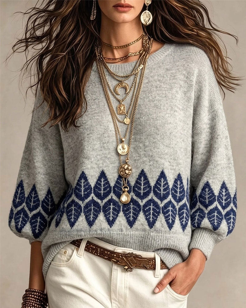 Crew Neck Lantern Sleeve Leaf Pullover