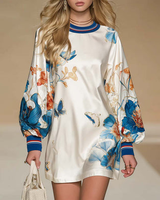 Puffed Sleeve Color-Block Print Dress