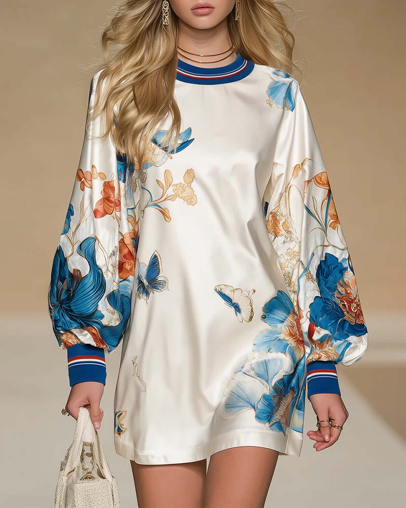 Puffed Sleeve Color-Block Print Dress