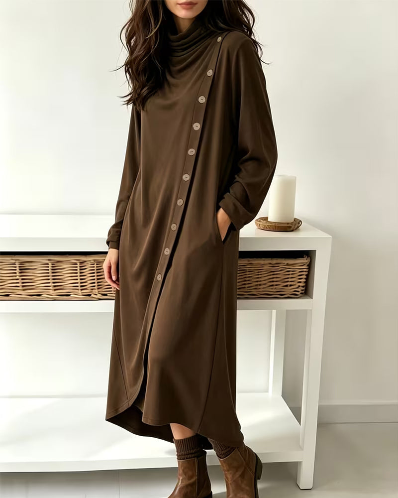 Cowl Neck Button Crossover Irregular Dress