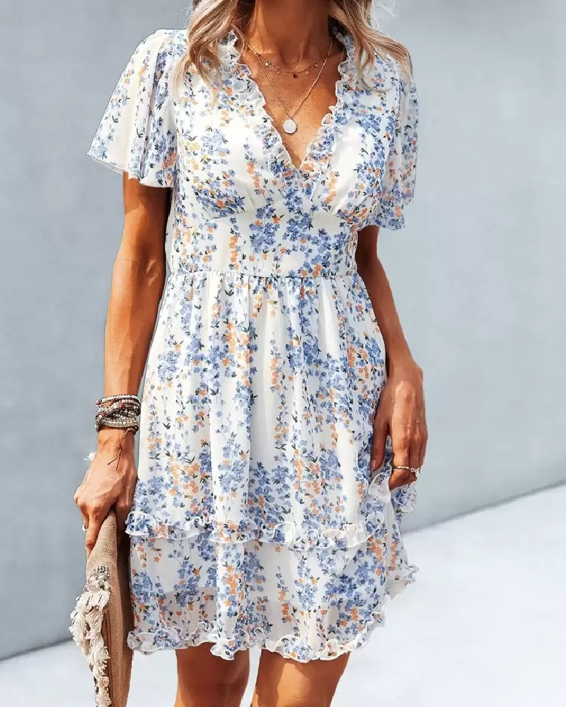 Tiny Floral V-Neck Ruffled Dress