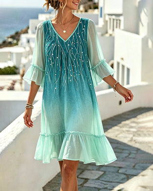 V-Neck Ombre Ruffle Hem Dress