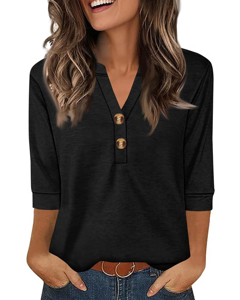 V-Neck Buttoned Three-Quarter Sleeve Blouse