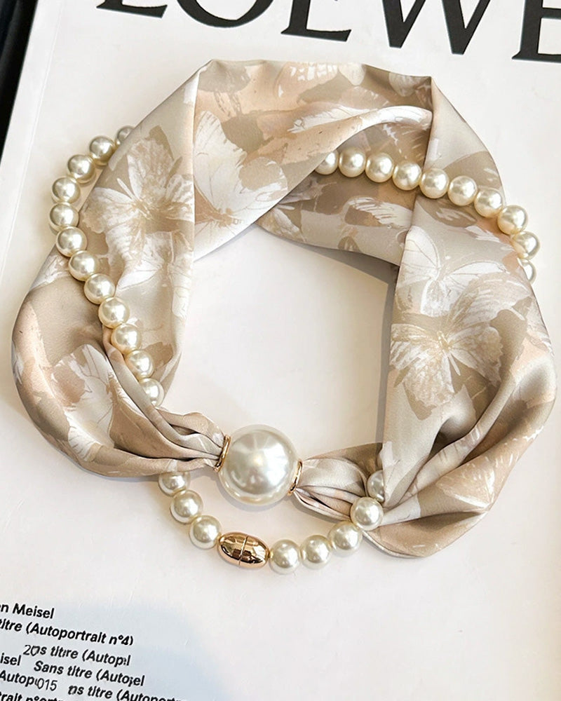 Long Pearl-Embellished Silk Necklace