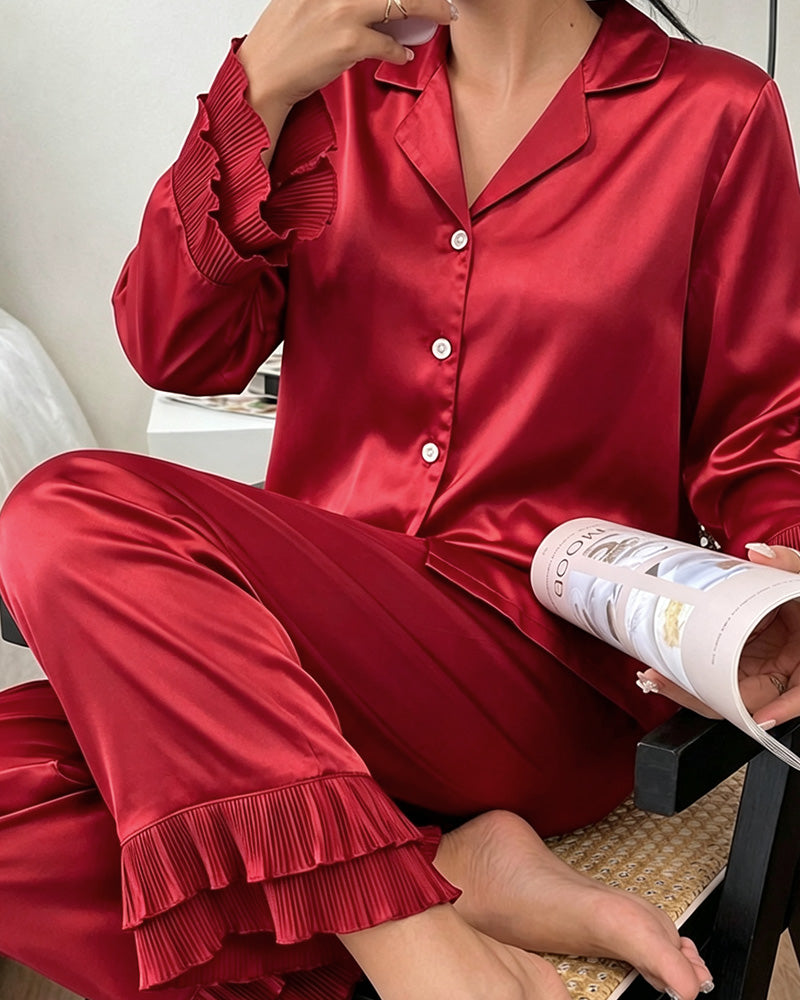 Double Layer Ruffled Shirt Collar Pajama Set