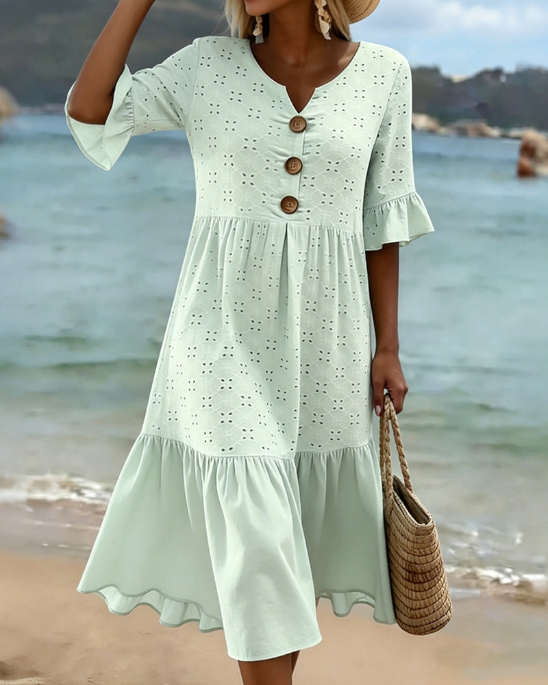 Hollow-Out Mid-Length Dress With Ruffle Trim