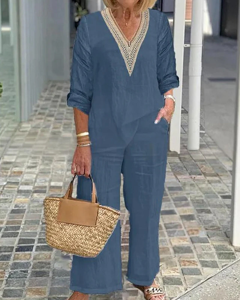 V-Neck Long Sleeve Casual Two-Piece Set