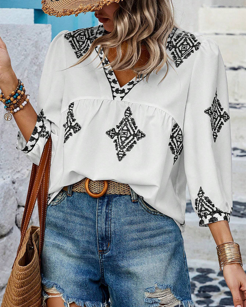 V-Neck Diamond Print Three-Quarter Sleeve Blouse