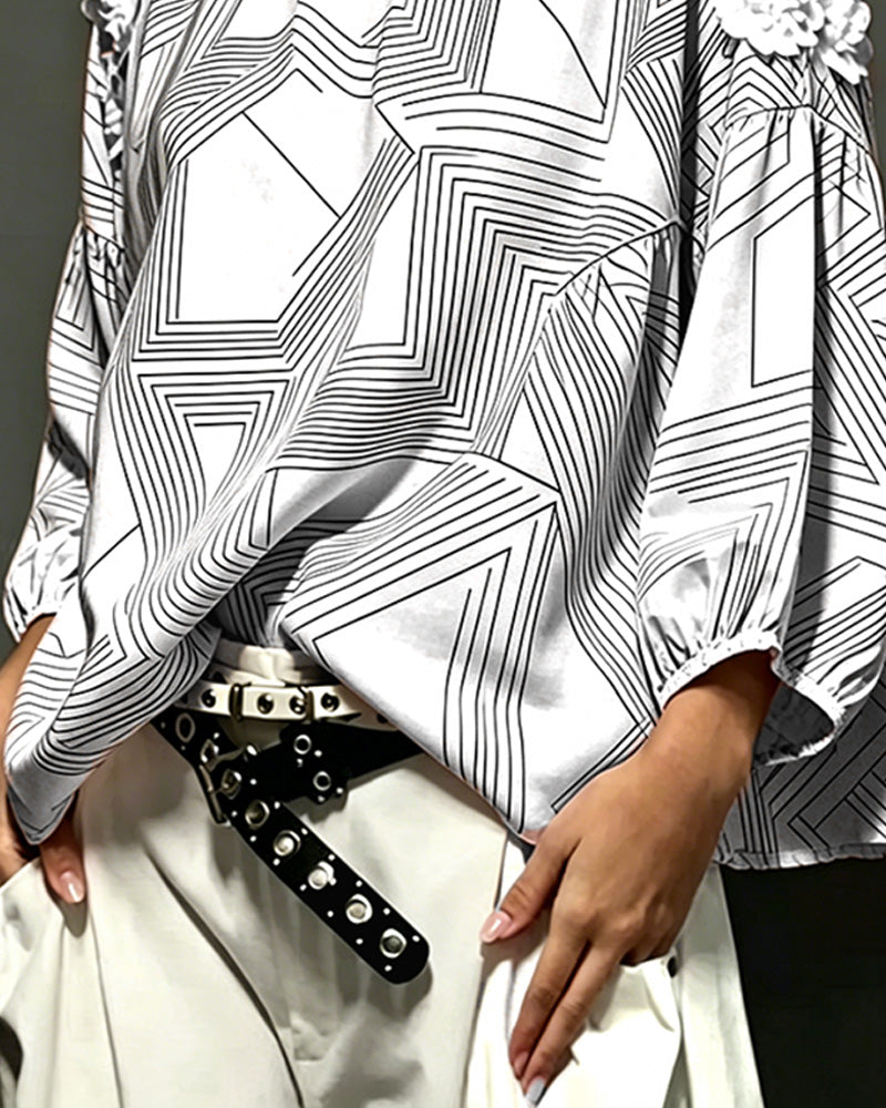Crew Neck Off-Shoulder Geometric Loose Blouse