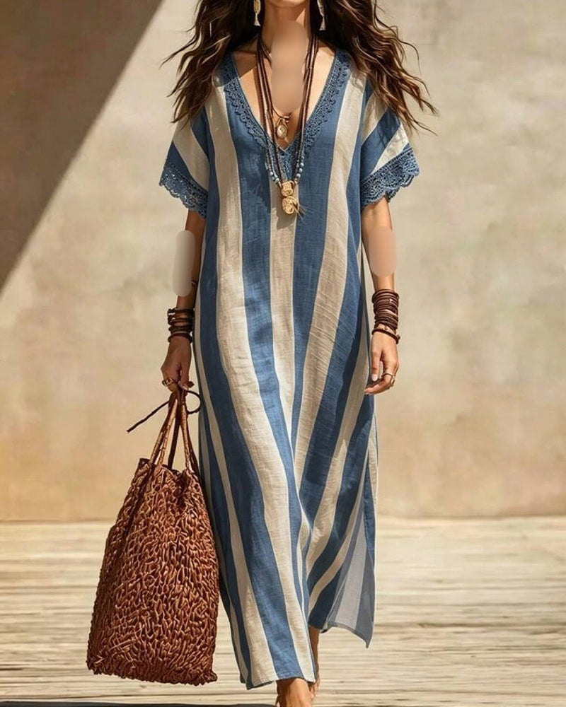 V-Neck Striped Casual Dress