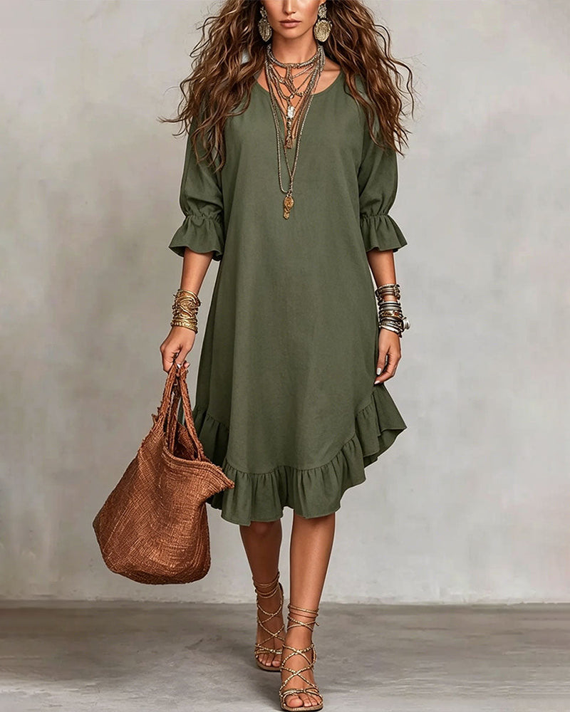 Casual V-Neck Ruffle Midi Dress