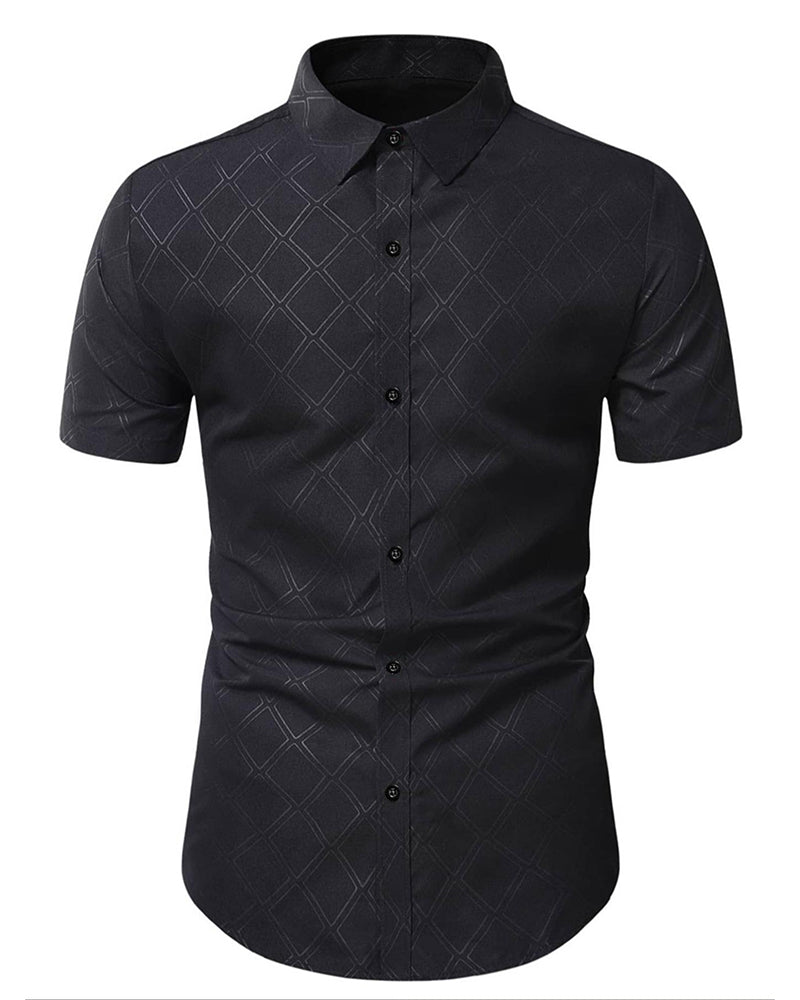 Dark Diamond Pattern Slim-Fit Short-Sleeved Shirt