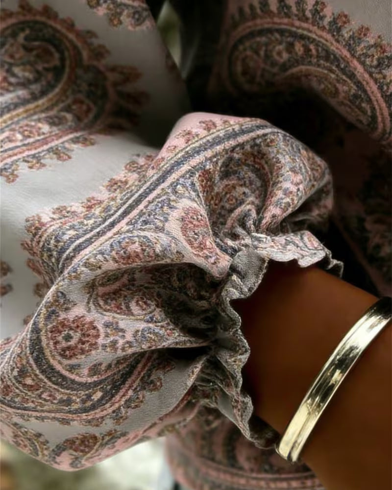 Paisley Pattern V-Neck Lantern Sleeve Blouse
