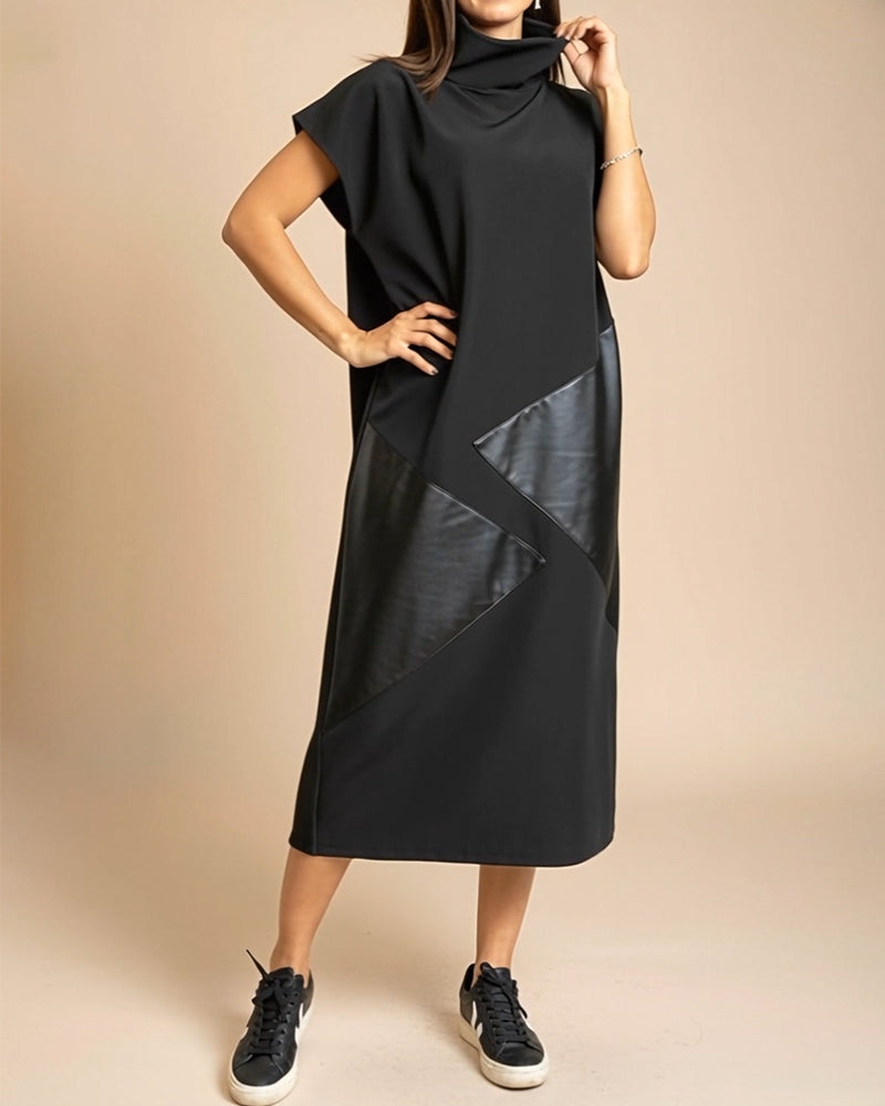 High Collar Pu Patchwork Short Sleeve Dress