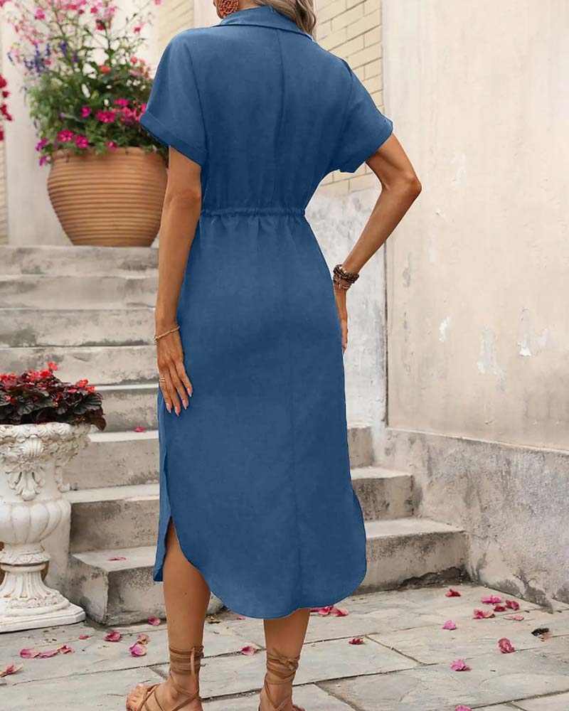 Lapel Waist-Cinching Shirt Dress