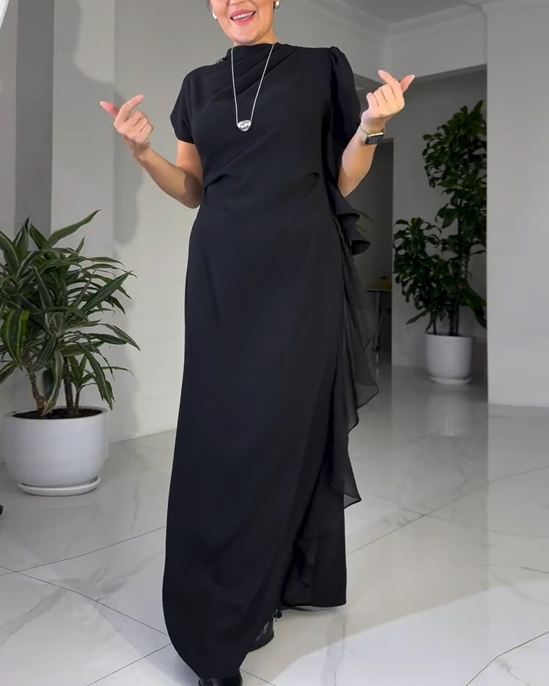 Solid Color Fashionable Ruffle Design Dress